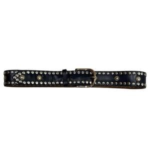 Y2K Basler Studded Silver Flower Boho Black Leather Belt 32-37 in Brass Buckle